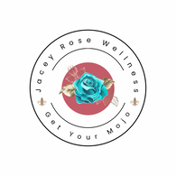 Circular logo with Jacey Rose Wellness on the inside circle. A salmon colored solid circle with a blue rose is in the middle.
