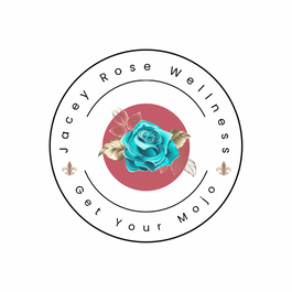 Circular logo with Jacey Rose Wellness on the inside circle. A salmon colored solid circle with a blue rose is in the middle.