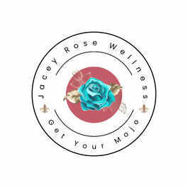 Circular logo with Jacey Rose Wellness on the inside circle. A salmon colored solid circle with a blue rose is in the middle. 